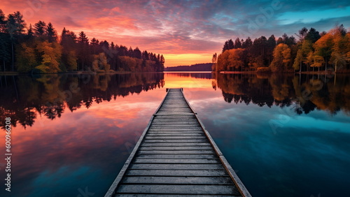 Perspective view of a wooden pier on the pond at sunset with Generative AI Technology.
