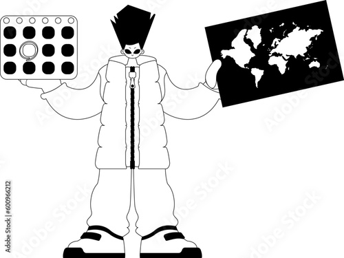 The individual is holding a world diagram and a calendar. Tourism subject. Dim and white line craftsmanship. Trendy style, Vector Illustration