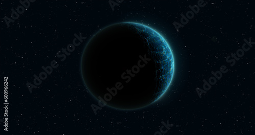 Abstract realistic space spinning planet round sphere with a water surface in space against the background of stars