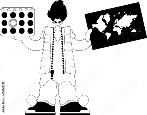 The individual is holding a world chart and a calendar. Tourism subject. Dim and white line craftsmanship. Trendy style, Vector Illustration
