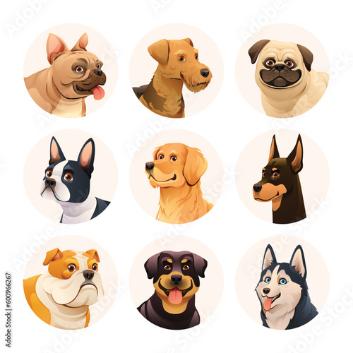 Dog avatar character set. Collection of different dog breeds vector illustration