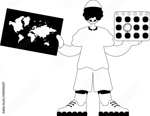 The individual is holding a world chart and a calendar. Tourism subject. Dim and white line craftsmanship. Trendy style, Vector Illustration