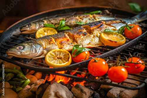 cooking sea bass fishes on grill with tomatoes and lemon, grilled fish BBQ. Good food.