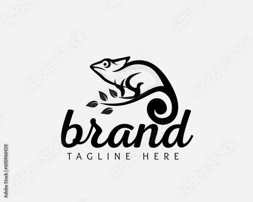 chameleon patch on plant art logo design template illustration inspiration