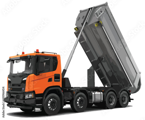 icon vector template graphic design style concept power hydrolic modern white background white haul dumping orange diesel isolated load dump lorry machine work safety truck trailer
