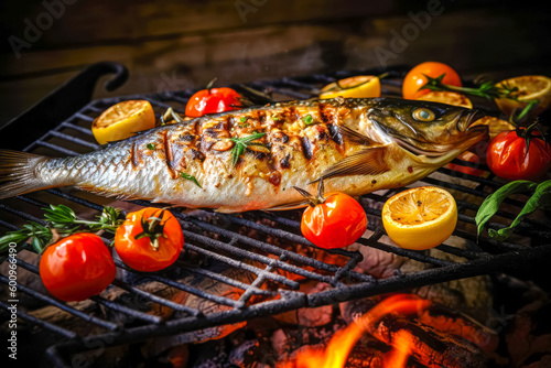 Process of cooking fish on hot grill with tomatoes and lemon, grilled fish BBQ. Good food. Generative AI