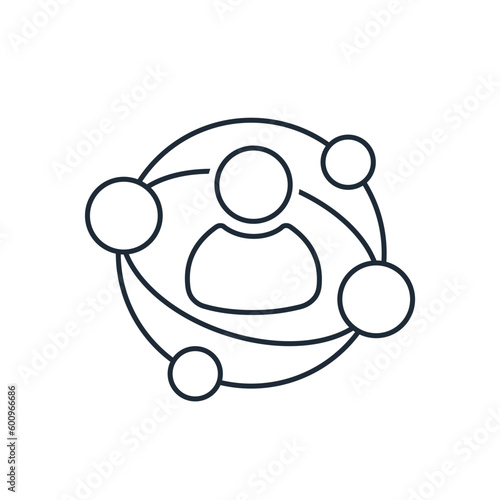 Man and network of internet contacts. Modern communication, business.  Vector linear icon isolated on white background.