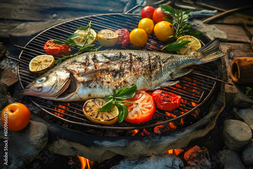Process of cooking fish Dorado on grill with vegetables, grilled fish BBQ. Good food. Generative AI
