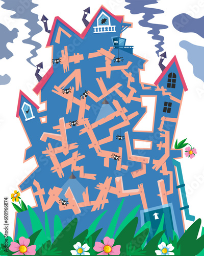 Maze for children. Puzzle game with cute characters. Go through the maze in the old house. Avoid the spiders. Vector illustration.