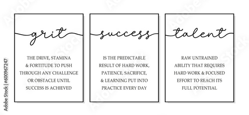 Grit, Success, Talent. Motivational wall art. Inspirational quotes canvas art for home, office wall decor. Positive quotes. Grit, Success, Talent poster frame. Quote 3 piece print posters.