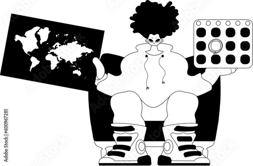 The individual is holding a world chart and a calendar. Tourism subject. Dim and white line craftsmanship. Trendy style, Vector Illustration