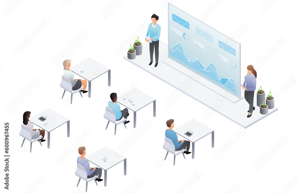 Business presentation, speech. Scene of whiteboard meeting, business report, public speaking at work. Conference coworking workplace brainstorming and discussion isolated. Vector isometric, 3d Business presentation, speech. Scene of whiteboard meeting, business report, public speaking at work. Conference coworking workplace brainstorming and discussion isolated. Vector isometric, 3d