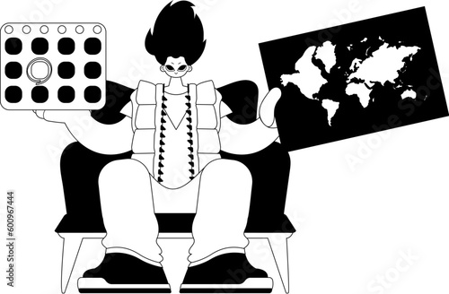 The individual is holding a world chart and a calendar. Tourism subject. Dim and white line craftsmanship. Trendy style, Vector Illustration