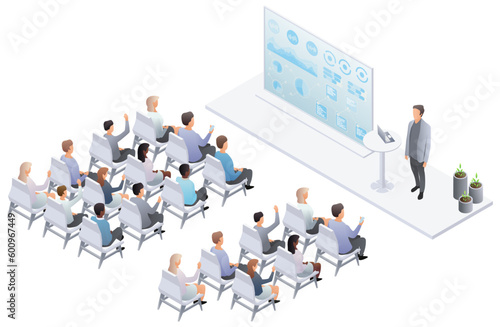 Party meeting isometric. Presentation conference coworking workplace brainstorming and discussion isolated. Business report, public speaking at work. Indicators and coaching. Vector, 3d