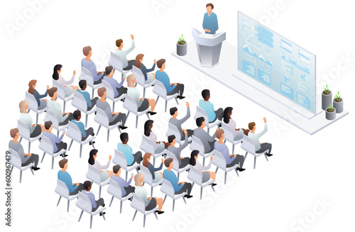 Performance trebune, speech. Teamwork set with business presentation conference coworking workplace brainstorming and discussion isolated. Indicators and coaching. Vector isometric, 3d