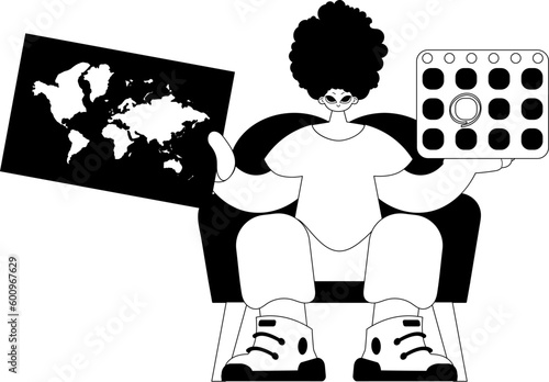 The individual is holding a world chart and a calendar. Tourism subject. Dim and white line craftsmanship. Trendy style, Vector Illustration