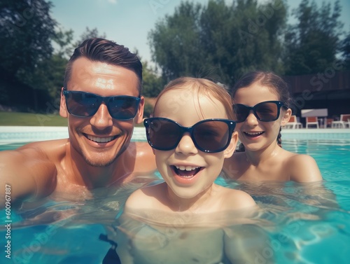 Generative AI illustration of cheerful young family with little child in sunglasses smiling and looking at camera while swimming together in pool with blue clear water