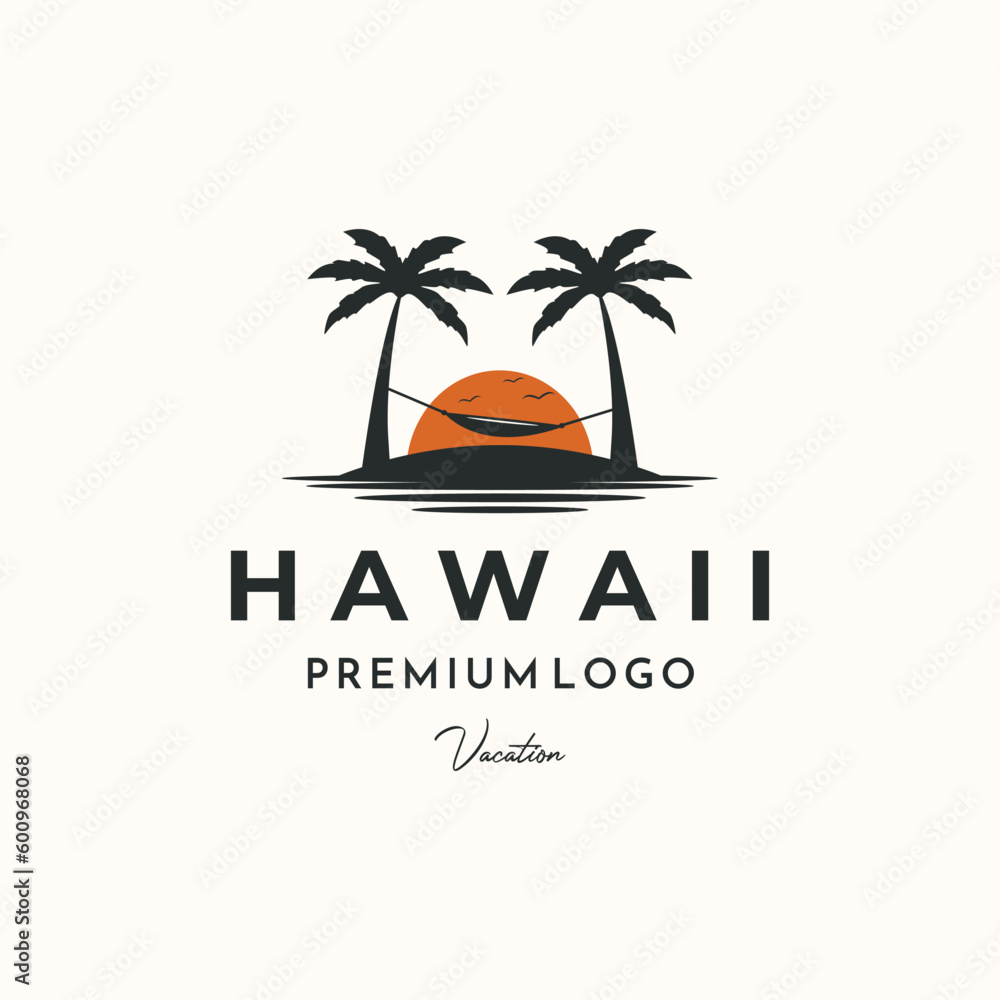 Naklejka premium sunset view beach palm tree vintage logo vector minimalist illustration design, paradise in hawaii logo design