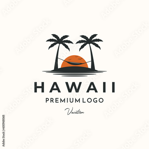 sunset view beach palm tree vintage logo vector minimalist illustration design, paradise in hawaii logo design