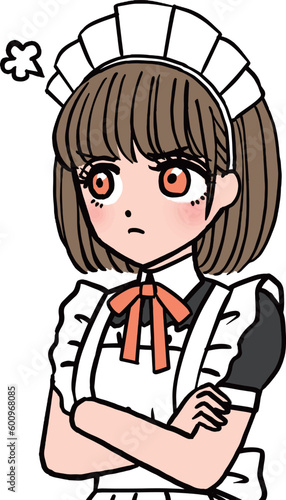 怒って腕組みをするオレンジの胸のリボンをつけた茶髪メイド