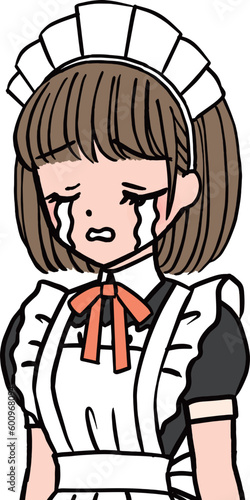 失敗して泣いているオレンジの胸のリボンをつけた茶髪のメイド