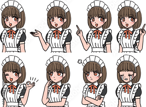 8種類の表情のオレンジの胸のリボンをつけた茶髪メイド