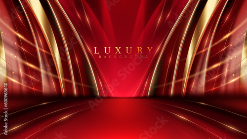 Award stage background with golden curved elements with glittering light effect decoration and bokeh, 3d modern luxury style scene design concept.