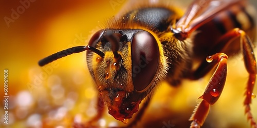 macro shot of bees. Generative AI.