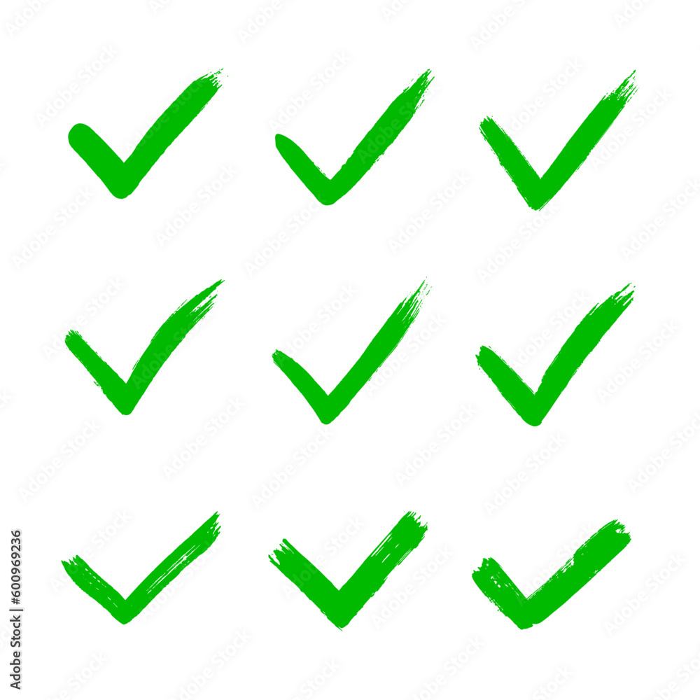 Dirty grunge hand drawn tick v with brush strokes vector illustration set isolated on white background mark graphic design. Check mark symbol YES button for vote in check box, web, etc. Dirty grunge hand drawn tick v with brush strokes vector illustration set isolated on white background mark graphic design. Check mark symbol YES button for vote in check box, web, etc.