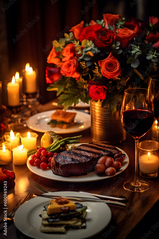 delicious baked beef steak on table with wine and spices and red sauce
