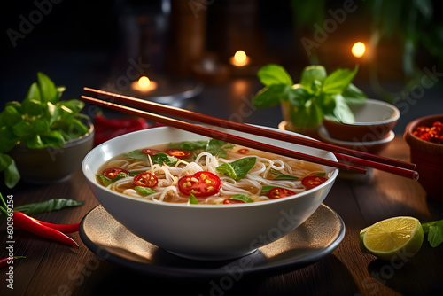 hot chili soup with chicken, vegetables and spices on dark background