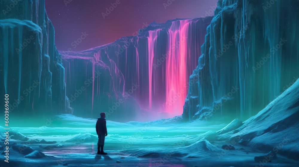 Tiny human figure in front of frozen waterfall with vibrant illumination by polar lights, aurora borealis. generative AI illustration of monochromatic polar landscape, cyan tint with magenta reflexes