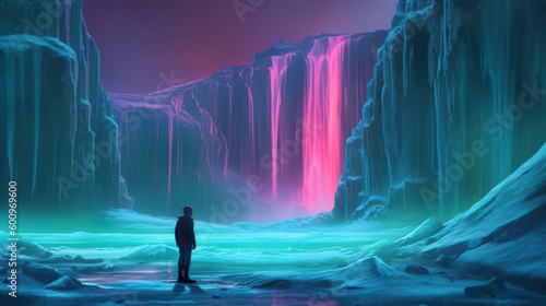 Tiny human figure in front of frozen waterfall with vibrant illumination by polar lights, aurora borealis. generative AI illustration of monochromatic polar landscape, cyan tint with magenta reflexes