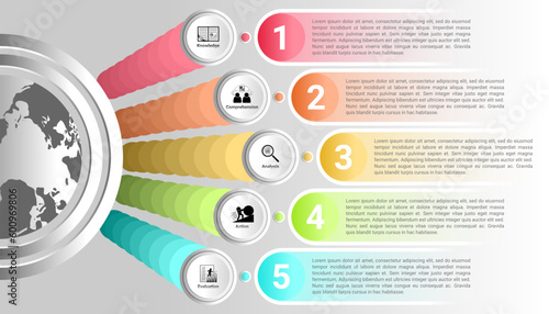 infographic template with 5 steps icon, 5 steps description, and semicircle globe