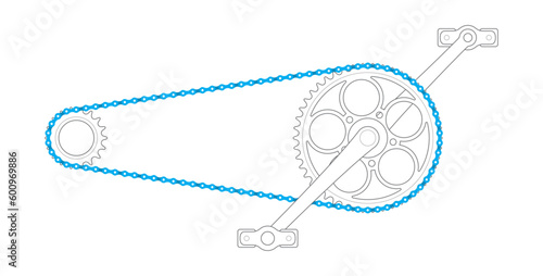 Vector black line vintage bicycle crank with blue chain. Fixed gear. Single Speed. Isolated on white background.