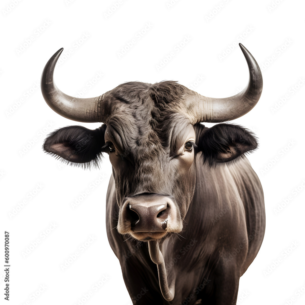 Portrait of a black bull with horns isolated on a white background, close-up Portrait of a black bull with horns isolated on a white background, close-up
