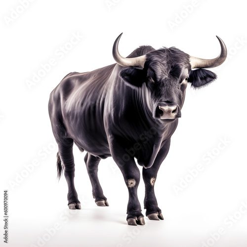 Portrait of a black bull with horns isolated on a white background, close-up
