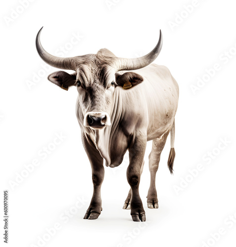 Portrait of a black bull with horns isolated on a white background, close-up