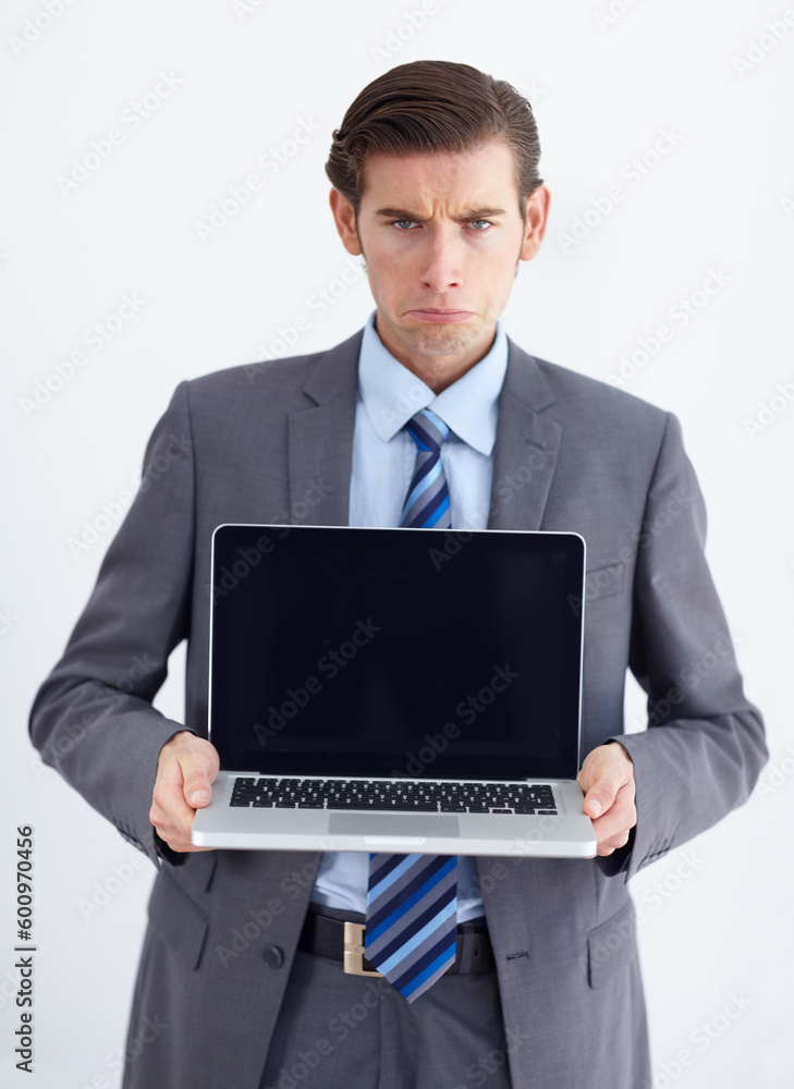 Blank screen, laptop and portrait of a upset business man with 404 and internet problem. Isolated, white background and studio with a male businessman with computer issue and technology error Blank screen, laptop and portrait of a upset business man with 404 and internet problem. Isolated, white background and studio with a male businessman with computer issue and technology error