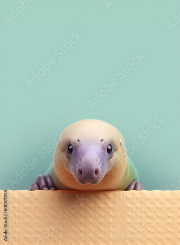 Creative animal concept. Platypus peeking over pastel bright background. advertisement, banner, card. copy text space. birthday party invite invitation  photo