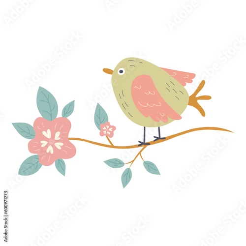 Spring bird on tree branch with leaves and flowers