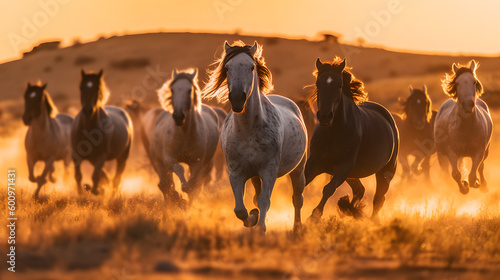 Horses running in the sunset