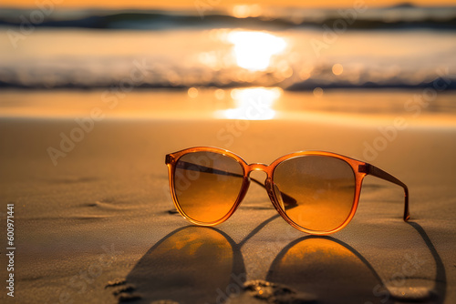 Wallpaper Mural Sunglasses on the Beach with Waves in the Background, Generative AI Torontodigital.ca