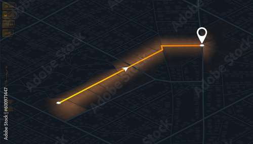 Route dashboard with city map navigation interface.. Isometric map. City map route, location symbols and navigational system mark. Vector, illustration isolated on white background.