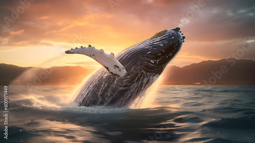 A whale jumps out of the water at sunset  © RuneBreinholt