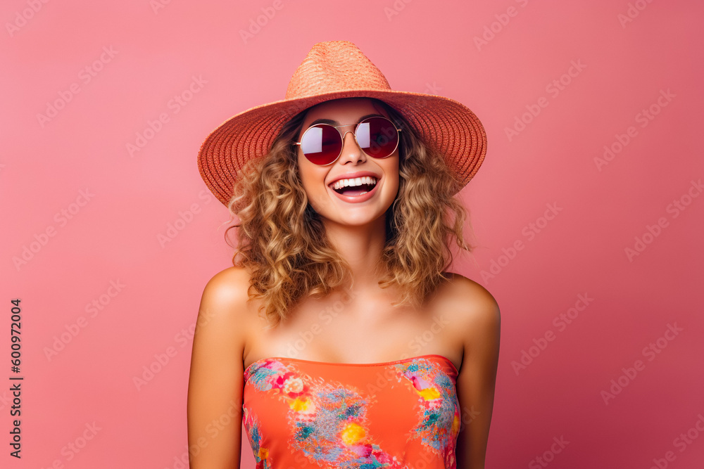 Summer Happy Woman: Enthusiastic Posing with Curly Hair, Stylish Hat, and Joyful Smile - Emotionally Trending Colors for Positive, Fashionable Female Design Background. Generative AI Summer Happy Woman: Enthusiastic Posing with Curly Hair, Stylish Hat, and Joyful Smile - Emotionally Trending Colors for Positive, Fashionable Female Design Background. Generative AI