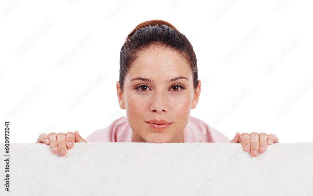Portrait, mockup poster and woman peeking over in studio isolated on a white background. Face, board and female person with copy space, advertising and marketing, commercial promotion and branding. Portrait, mockup poster and woman peeking over in studio isolated on a white background. Face, board and female person with copy space, advertising and marketing, commercial promotion and branding.