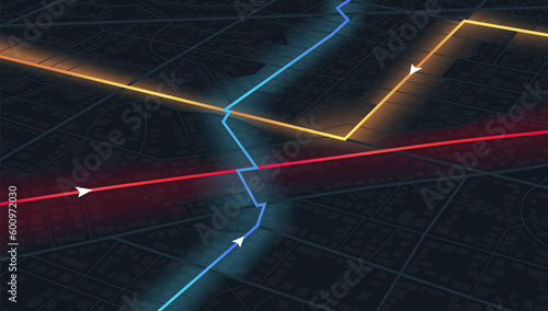 Navigate mapping technology dashboard GPS tracking map, showing movement on the streets of the city. Decorative graphic tourist map. Abstract transportation background. Vector isometric