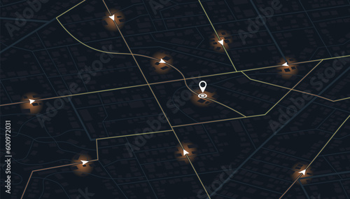 Navigate mapping technology dashboard GPS tracking map, showing movement on the streets of the city. Decorative graphic tourist map. Abstract transportation background. Vector isometric