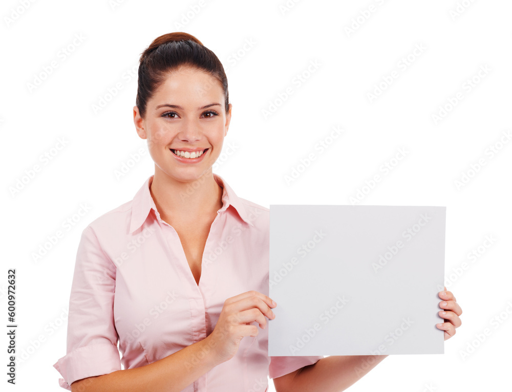 Mockup, paper and smile with portrait of woman in studio for idea, promotion and space. Corporate, signage and happy with female employee and card on white background for news and presentation Mockup, paper and smile with portrait of woman in studio for idea, promotion and space. Corporate, signage and happy with female employee and card on white background for news and presentation